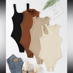 Multipack Bodysuit, Plain Pattern With Cut Out And Ribbed Detail, Sleeveless. Medium Stretch. 95% Polyester, 5% Elastane. Colors- Black, Brown, Nude, Cream Size- 4xl (20) Cut Out Bodysuit, Ribbed Knit Bodysuit, Halter Bodysuit, Tank Bodysuit, Body Suit Outfits, Cutout Bodysuit, Vibe Clothes, Ribbed Bodysuit, Plus Size Jumpsuit