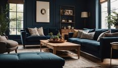 a living room filled with blue couches next to a wooden table and two windows