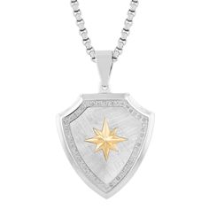 1/2ctw diamond stainless steel and 10K gold star shield pendant. Includes a 24-inch stainless steel link chain necklace with lobster claw closure. Silver Star Of David Jewelry Tarnish Resistant, Silver Star Of David Necklace Tarnish Resistant, Shield Necklace, Link Chain Necklace, True Self, Gold Star, Chain Link Necklace, Gold Stars, 10k Gold