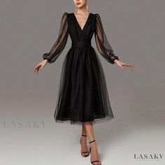 Lasaky - Glamorous Long Dress for Ladies' Parties V Shaped Dress Neckline, Black Full Sleeve Dress, Black Long Sleeve Party Dress, Fashion Dresses Formal, Party Outfits For Women, فستان سهرة, Color Number, Prom Dresses With Sleeves, Prom Dresses Long With Sleeves