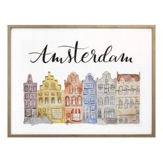 an art print with the words amsterdam in black ink on white paper and watercolor buildings