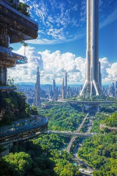 the futuristic city is surrounded by lush green trees