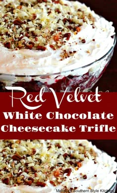 red velvet white chocolate cheesecake trifle in a glass dish