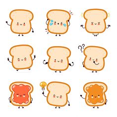 toasted bread with different expressions on white background