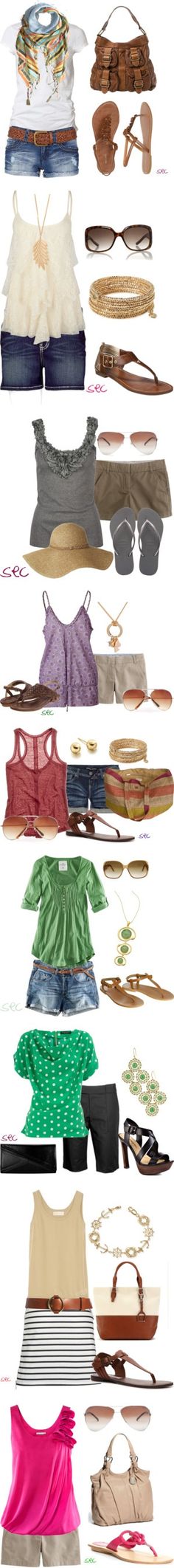 Super cute outfits for summer! Dot Outfit, Longer Shorts, Summer Pieces, Green Outfits, Top Pic, Tan Shoes, Cruise Outfits, Purple Shirt