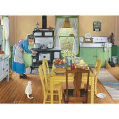 a painting of an older woman cooking in the kitchen with her cat sitting on the floor