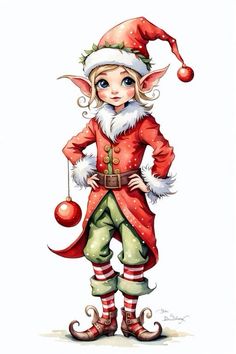 a painting of a little elf standing with his hands on his hips and holding an ornament