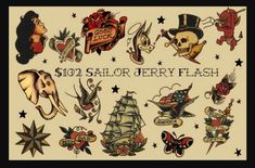 an old school tattoo flash with various tattoos on it