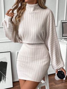 Women's Autumn & Spring Rib-Knit Raglan Sleeve Turtleneck Empire Waist Bodycon Dress Khaki Casual  Extra-Long Sleeve Knitted Fabric Plain Fitted High Stretch  Women Clothing, size features are:Bust: ,Length: ,Sleeve Length: Body Con Dress Outfit Casual, Dress Outfit Casual, Body Con Dress Outfit, Causal Dresses, Turtleneck Dress, Extra Long Sleeves, Mini Robes, Body Con Dress, Khaki Dress