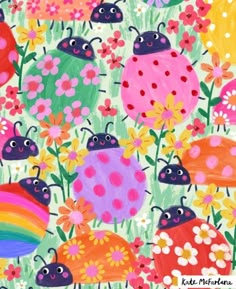 colorful ladybugs and flowers are painted on a green background with red, pink, yellow