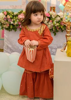 3- Piece Suit for Girls Description Kameez (Shirt) : Lawn embroidered Shirt with laces. Shalwar (Pants) : Embroidered Gharara. Dupatta (Scarf) : Net Dupatta With Laces Banarsi Gharara, Gharara Dress, Garara Dress, Rust Dress, Net Dupatta, Shalwar Kameez, 3 Piece Suits, Embroidered Shirt