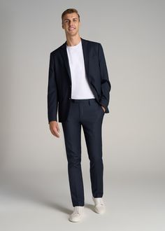 About Our Suit Trousers for Tall Men Crisp, classic and comfortable. That’s what you’ll find in these suit trousers for tall men. Thoughtfully designed for men from 6’ to 7’1, these pants have an extended inseam for longer legs without the extra bagginess you usually find in a longer pant. They’re made with a slightly stretchy polyester blend and feature a comfortable cotton-blend lining. These men’s tall pants feature a tailored fit for a modern look that’s easy to wear from the office to the e Smart Casual Suit Men, Suit Jacket With Jeans For Men, Homecoming Style For Guys, Classic Formal Outfit Men, Gray Dress Pants Outfit Men, Officiant Outfit Men, Smart Attire For Men, Pants With Blazer Outfit, Navy Pants Outfit Men