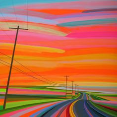 an oil painting of a colorful sunset with power lines