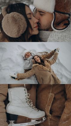 two people are kissing in the snow and one person is wearing white boots with headphones on