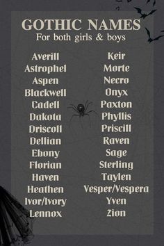 goth names for both girls and boys in gothic font on a black background with bats