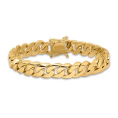 Versatile and stylish, bold solid curb links join together to form this handsome 10.8mm men's bracelet. Crafted in 14K yellow gold, the 8-inch curb chain secures in place with a box clasp. Classic Gold Cuban Link Chunky Chain Bracelet, Modern 14k Gold Cuban Link Bracelet, Yellow Gold Cuban Link Bracelet With Solid Construction, Classic Yellow Gold Cuban Link Bracelet With Chunky Chain, Modern Yellow Gold Cuban Link Bracelet, 14k Gold Polished Finish Cuban Link Bracelet, Curb Chain Bracelet, Jared The Galleria Of Jewelry, Box Clasp