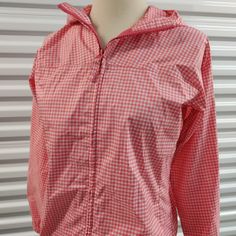 Lands' End -Description: Packable Girls Hooded Rain Coat Pink & White Gingham Print. This Jacket Folds Up And Packs Into A Square With A Wristlet Strap For An Easy And Convenient Take Along Jacket. Has Pockets And Zipper Front Closure. So Cute!!! -Size: Large -14 Girl's -Color Pink And White -Condition New Without Tags!! Casual Gingham Outerwear With Pockets, Cotton Gingham Outerwear For Spring, Spring Gingham Cotton Outerwear, Preppy Spring Outerwear For School, Preppy Spring School Outerwear, Jacket Folds, Hooded Raincoat, Rain Coat, Gingham Print