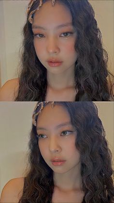 three different views of a woman's face with long curly hair