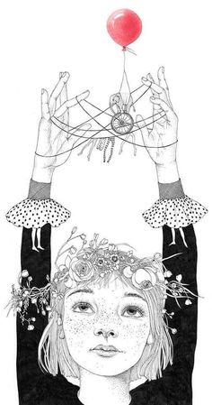 a black and white drawing of a girl with flowers on her head, holding hands above her head