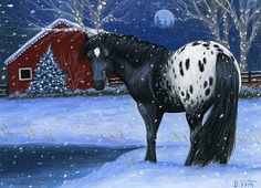 a painting of a black and white horse standing in the snow by a red barn