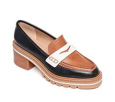 A modern twist on a classic, the Selma leather loafer is a sleek and sophisticated style that can give you the perfect lift for work and play. From Bernardo. Black Luggage, Pearl Sandals, Womens Boat Shoes, Brown Loafers, Heeled Loafers, Leather Loafers, Leather Fashion, Boat Shoes, Leather Sandals