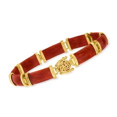 Ross-Simons - Red Jade "Good Fortune" Bracelet Over Sterling. 7.5". Blessings are coming your way with this beautiful bracelet presenting the Chinese symbol for "good fortune." 16x8mm rectangular cabochons of dramatic red jade are set in 18kt yellow gold over sterling silver with the Chinese symbol for functioning as a chic clasp. Double-latch safety. Box clasp, red jade Chinese symbol bracelet. Diamond Anklet, Italian Gold Jewelry, Mixed Metal Bracelets, Safety Box, Pearl Strands Necklace, Pearl Anklet, Diamond Tennis Necklace, Red Jade, Mixed Metal Earrings