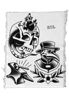 an old school tattoo design with skulls and hats