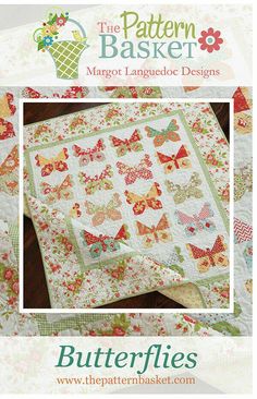 the pattern basket butterfly quilt is shown in front of a white background with an image of butterflies