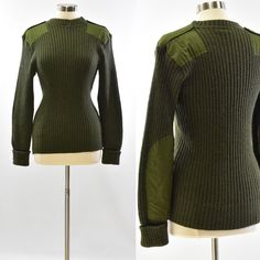 "Free Shipping. Free Returns. Everyday.* * 36\" chest * 25\" length Excellent pre-owned vintage condition. There have been repairs to the inside neckline but these are not noticeable on the outside. Fits like a US modern size: M (see size chart in photos) Vintage tag size: 100 cm Olive green commando sweater, military sweater Crew neck Tonal fabric shoulder & elbow patches Cuffed sleeves There is some stretch to the fabric" Commando Sweater, Photos Vintage, Vintage Military, Pullover Sweater Women, Elbow Patches, 80s Vintage, Red Wool, Vintage Wool, Cuff Sleeves