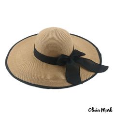 Olivia Mark - Women's large eaves beach hat round top package edge bow paper knitting straw hat sun hat Paper Knitting, Round Top, Derby Hats, Top Round, Beach Hat, Sun Hat, Olivia Mark, Straw Hat, Sun Hats