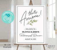 an easel with a sign that says, this is amore welcome to oliva and johs