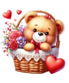 a teddy bear sitting in a basket with flowers and hearts