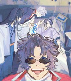 an anime character with sunglasses on and other characters in the back ground behind him,