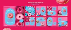 there are many doughnuts in the box on this pink tablecloth with blue and white designs