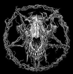 a black and white drawing of a skull surrounded by branches