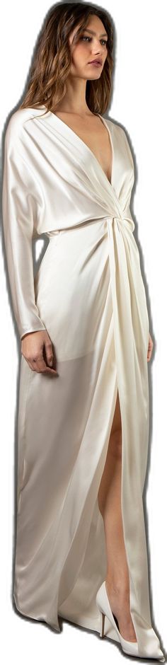 Elegant Silk V-neck Gown, Elegant Silk Gown With Ruched Bodice, Chic Draped Ruched Gown, Chic Ruched Satin Gown, Pre-draped Long Sleeve Wedding Gown, Elegant Ruched Silk Dress, Elegant Draped Silk Gown, Draped Evening Dress For Wedding, Elegant Bias Cut Draped Gown