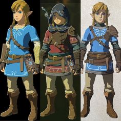 the legend of zelda's outfit is shown in three different colors