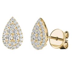 E20238Y NEW SOLID 18K YELLOW GOLD DIAMOND PAVE HALO PEAR SHAPED WOMEN'S EARRINGS FOR SALE - Certificate of Authenticity - Earring Material: Solid 18k Yellow Gold - Gold Finish: Polished - Weight: 3g - Width: 6mm = 1/4" - Height: 10mm = 3/8" - Thickness: 3.5mm = 1/8" - Butterfly Fastenings     Push-Backs for Comfortable Wear - Total Diamond Weight: 0.33 Carat - Diamond Cut: Brilliant - Diamond Clarity: VS-VS1 - Diamond Color: F-G - Diamond Shape: Round     Also Known As Model # ED0450DD-01 Pear Shaped Women, Pave Earrings, Pear Earrings, Vs1 Diamond, Earrings For Sale, Jewelry Sale, Halo Setting, Pear Shaped Diamond, Rose Gold Diamonds