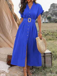 Royal Blue Casual Collar Short Sleeve Woven Fabric Plain Shirt Embellished Non-Stretch  Women Clothing Blue Midi Dress With Button Closure For Beach, Blue Button Closure Shirt Dress For Beach, Blue Buttoned Shirt Dress For Vacation, Blue Beach Shirt Dress With Button Closure, Belted Blue Shirt Dress For Summer, Blue Buttoned Midi Dress For Summer, Chic Blue Shirt Dress With Buttons, Blue Summer Dress With Button Cuffs, Blue Midi Dress With Short Sleeves And Button Closure