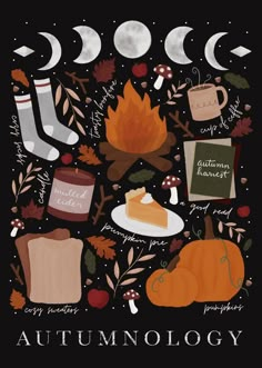 an autumn poster with various items and words