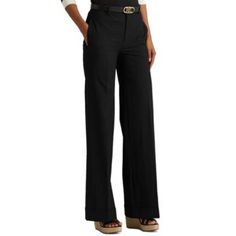 Women's Wide Leg Pants By Lauren Ralph Lauren! Black. Wide Leg. High Rise. Belt Loops. 2 Faux Front Pockets. 2 Functional Back Pockets. Size 4 -Flat Waist: 15.5" -Flat Ankle: 12" -Inseam: 33" -Length: 44.5" 67% Polyester. 29% Viscose. 4% Elastane. Machine Wash Cold With Like Colors; Gentle Cycle. Only Non-Chlorine Bleach When Needed. Hang To Dry. Cool Iron If Needed. 5.24 Luxury Ralph Lauren Formal Pants, Cuff Pants, Womens Wide Leg Pants, Womens Capris, Leg Cuffs, Cuffed Pants, Velvet Pants, Ralph Lauren Womens, Sport Pants