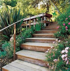 a set of wooden steps leading up to a lush green garden area with pink flowers and greenery