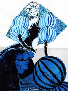 a drawing of a woman with blue hair