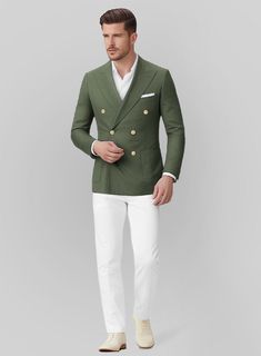 Refresh your fashion sense with our White Olive Green Cotton Suit, impeccably tailored for those who appreciate sophistication and comfort. The suit features a vibrant olive green jacket paired with crisp white pants, both crafted from a premium blend of cotton and lycra. This unique color combination not only enhances your wardrobe but also ensures a modern look with a touch of elegance. Perfect for business meetings or casual outings, this suit offers versatility and style that will make you stand out in any crowd.  Look Includes    Olive Green Cotton  Jacket Fabric    White Stretch Chino Pant Fabric   Double Breasted Jacket Style  Peak Lapel   Corozo     Ivory  Buttons  Single Vent  Three Cuff Buttons  Two Welted Back Pockets on Trousers    Click 'Customize Now' to modify the look if ne Green Suit Men Casual, Fitted Green Cotton Blazer, Luxury Green Suit For Workwear, Green Cotton Blazer With Notch Lapel, White Cotton Semi-formal Suit, Green Cotton Suits For Formal Occasions, Green Cotton Formal Suits, White Cotton Suit For Work, Green Cotton Blazer For Workwear