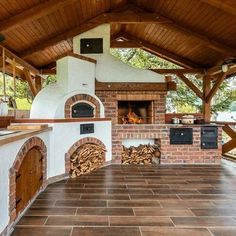 an outdoor kitchen with wood burning in the oven