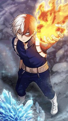 an anime character with white hair and blue eyes holding a fire ball in his hand