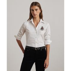 A silky stretch-cotton blend brings a lightweight feel and polished look to this button-up shirt which features Lauren’s beaded crest at the chest for iconic Lauren Ralph Lauren style. Armenia Azerbaijan, Women Ralph Lauren, Ralph Lauren Style, Polo Sport, Ralph Lauren Purple Label, Us Open, Shirt For Women, Formal Shirts, Clothes Collection