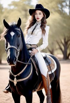 a beautiful young woman riding on the back of a black horse in a cowboy hat