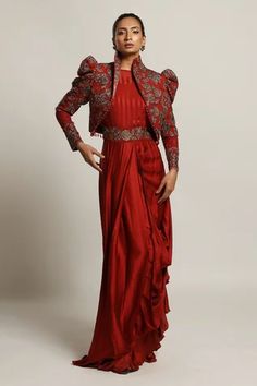 Shop for Sejal Kamdar Maroon Gajji Silk Floral Embroidered Short Jacket And Draped Gown Set for Women Online at Aza Fashions Short Jacket Outfit, Jacket Dresses Formal, Gown With Jacket, Western Gown, Indian Bridesmaid Dresses, Draped Gown, Drape Gowns, Embroidered Motifs, Draping Fashion