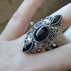 Brand New Handmade Overzized Black Onyx And Black Spinnel Silver Peacock Statement Ring. Size 9 925 Stamped Huge Silver Boho Ring New To Poshmark? Use Referral Code Kimberlyn222 To Receive $10. Ornate Black Sterling Silver Jewelry, Elegant Black Jewelry With Stone Setting, Ornate Black Wedding Ring, Ornate Black Sterling Silver Rings, Black Oval Jewelry For Party, Ornate Black Rings As Gift, Ornate Black Rings For Gifts, Ornate Black Rings For Gift, Ornate Black Oval Ring